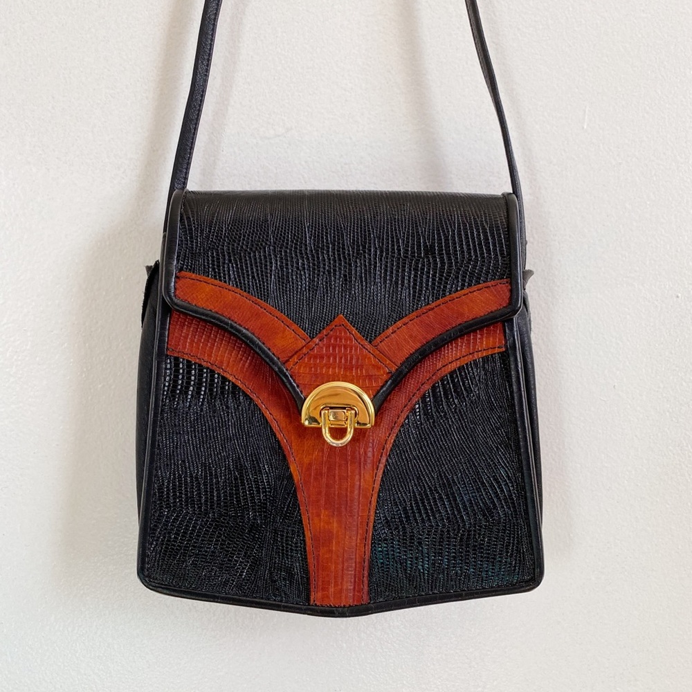 Vintage Brown and Black Leather Purse with Gold Clasp